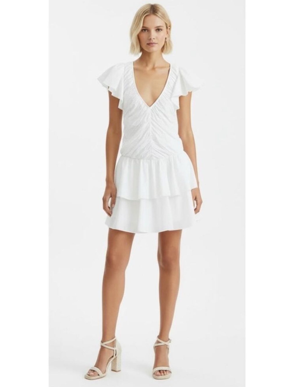 Anthropologie || Love The Label Ruffled Mini Dress Tie Back Ruched White M NWT‎